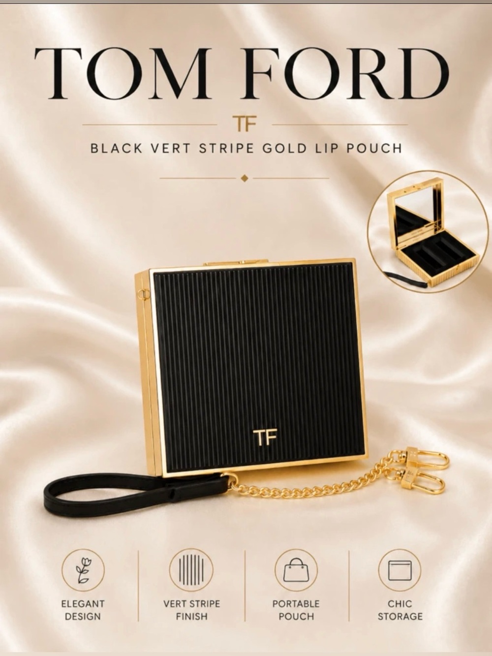 Tom Ford Black & Gold Stripe Lip Pouch- GWP